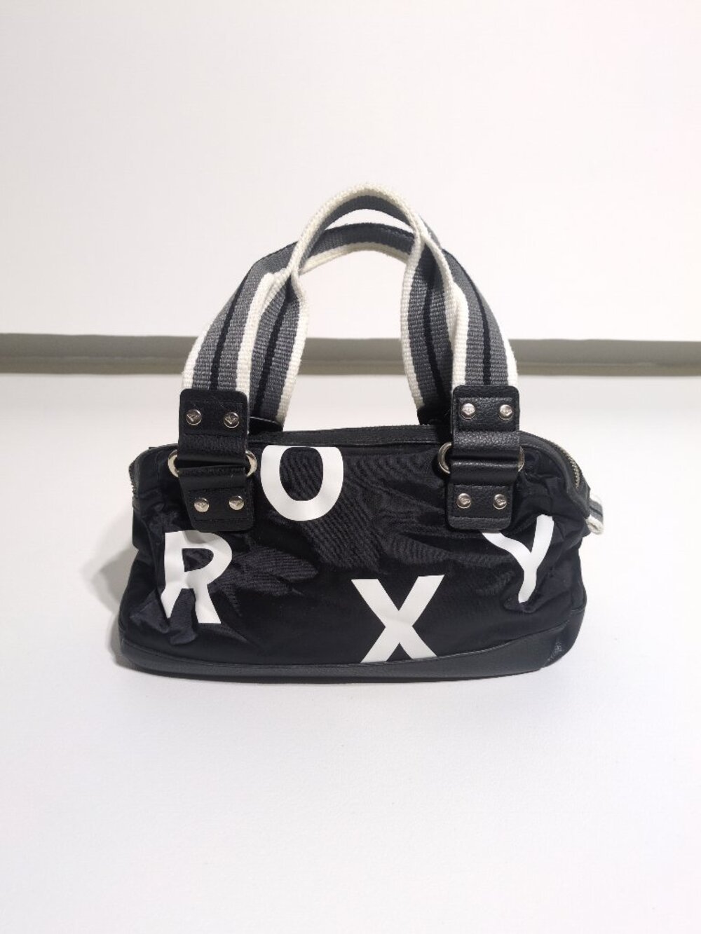 ROXY Black Nylon Handbag Striped Handles Pleather Bottom Zipper Closure